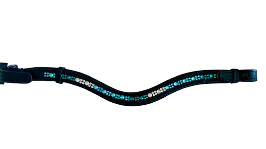 Black Leather Browband - turquoise , Blue and white